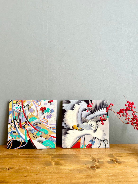 着物のファブリックパネル　鷹と御者車(2枚セット）30×30cm インテリア　着物　ギフト　七五三　正月　秋 13枚目の画像