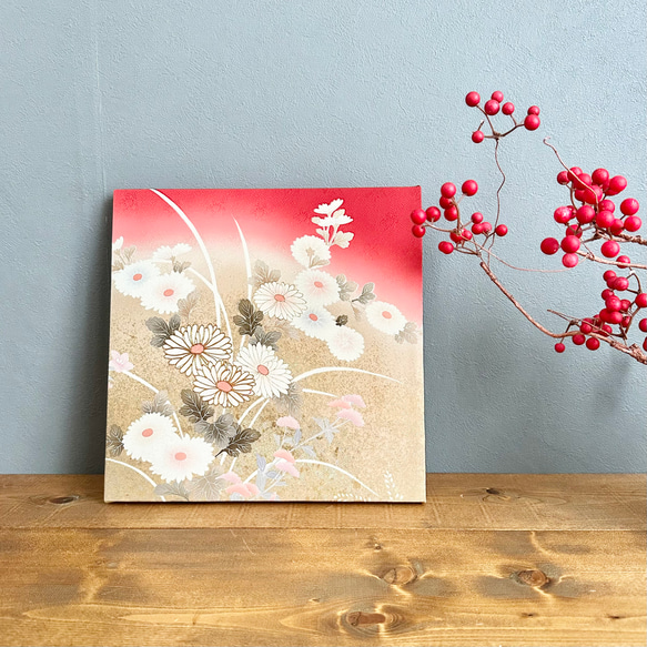 着物のファブリックパネル　秋の野に金色の菊花　30×30cm インテリア　着物　ギフト　七五三　正月　秋　花 9枚目の画像
