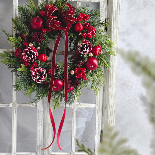 クリスマスリース 王道のレッド×グリーン(アーティフィシャルフラワー