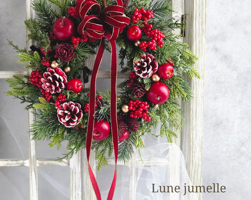 クリスマスリース 王道のレッド×グリーン(アーティフィシャルフラワー