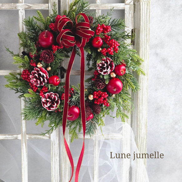 クリスマスリース 王道のレッド×グリーン(アーティフィシャルフラワー