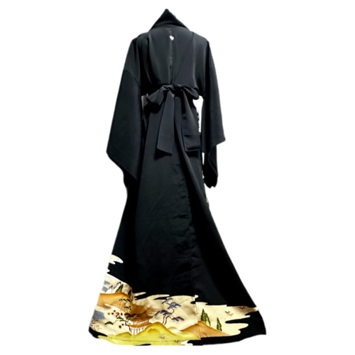 留袖扇子×振袖　着物リメイク　コントラストドレス　和柄　ワンピース　ハンドメイド 留袖×虎 着物リメイク コントラストドレス 和柄ワンピース 丈125