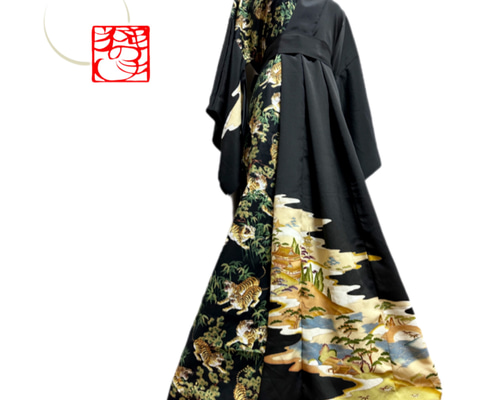 留袖×虎 着物リメイク コントラストドレス 和柄ワンピース 丈125