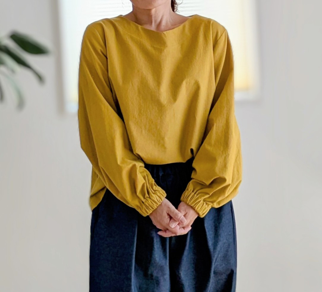 ✜高品質✜ワッシャーコットン✜浅Vネックブラウス✜マスタード✜
