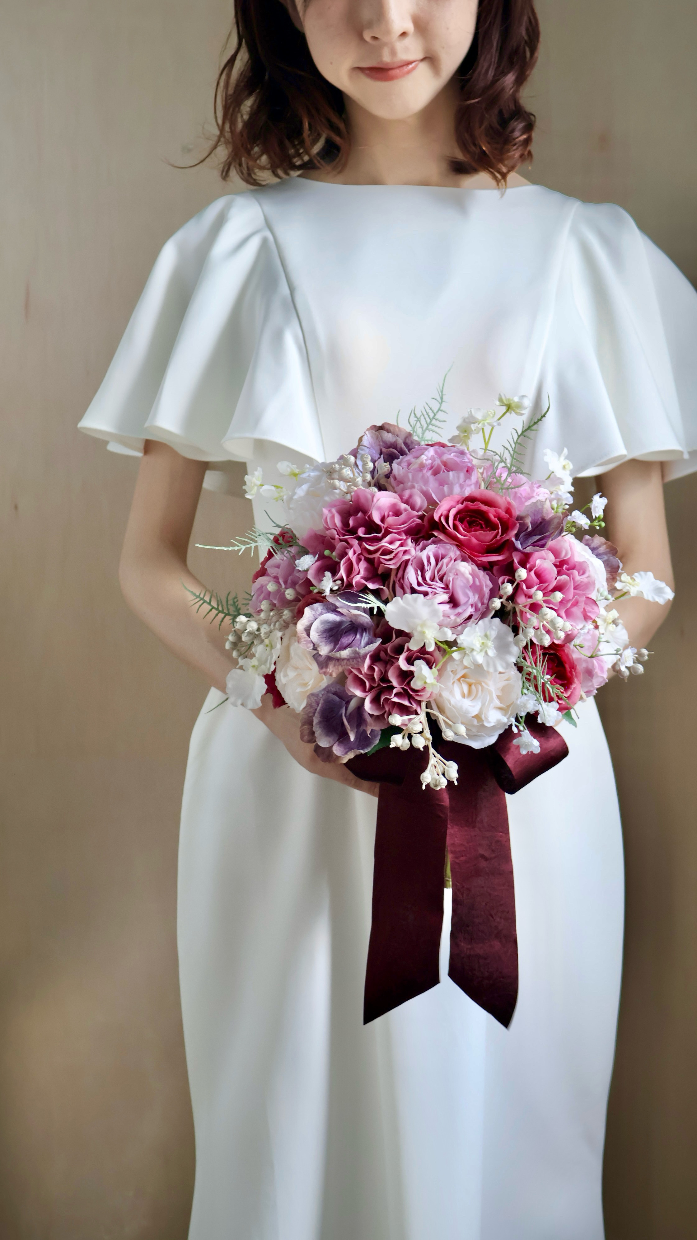 華やかローズとダリアのウェディングブーケ/ブートニア付き/即日発送/造花/冬婚/クリスマスウェディング