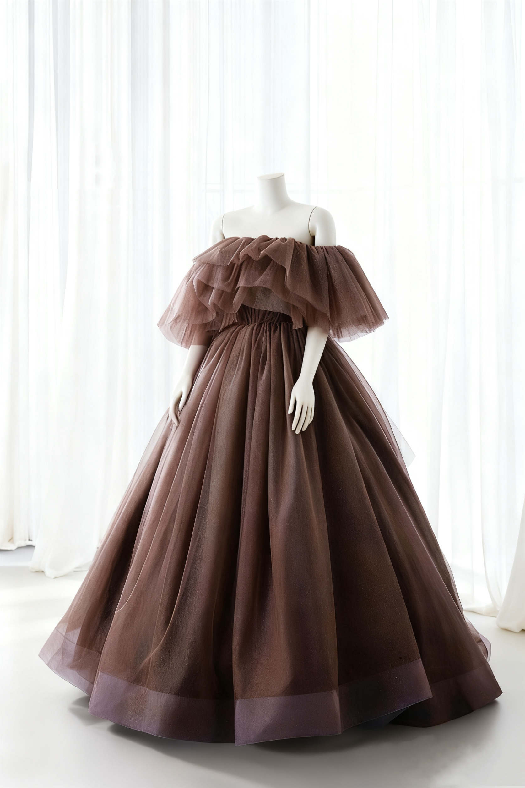 送料無料！カラードレス ブラウン オフショルダー エレガント スレンダーライン 短トレーン 結婚式 Aライン キラキラチ