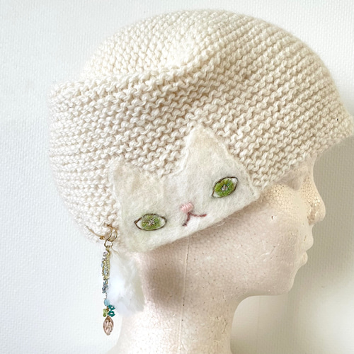 羊毛ねこターバンベレー(ホワイトホワイト) 羊毛ねこターバンベレー(ホワイトホワイト) ベレー帽・ハンチング