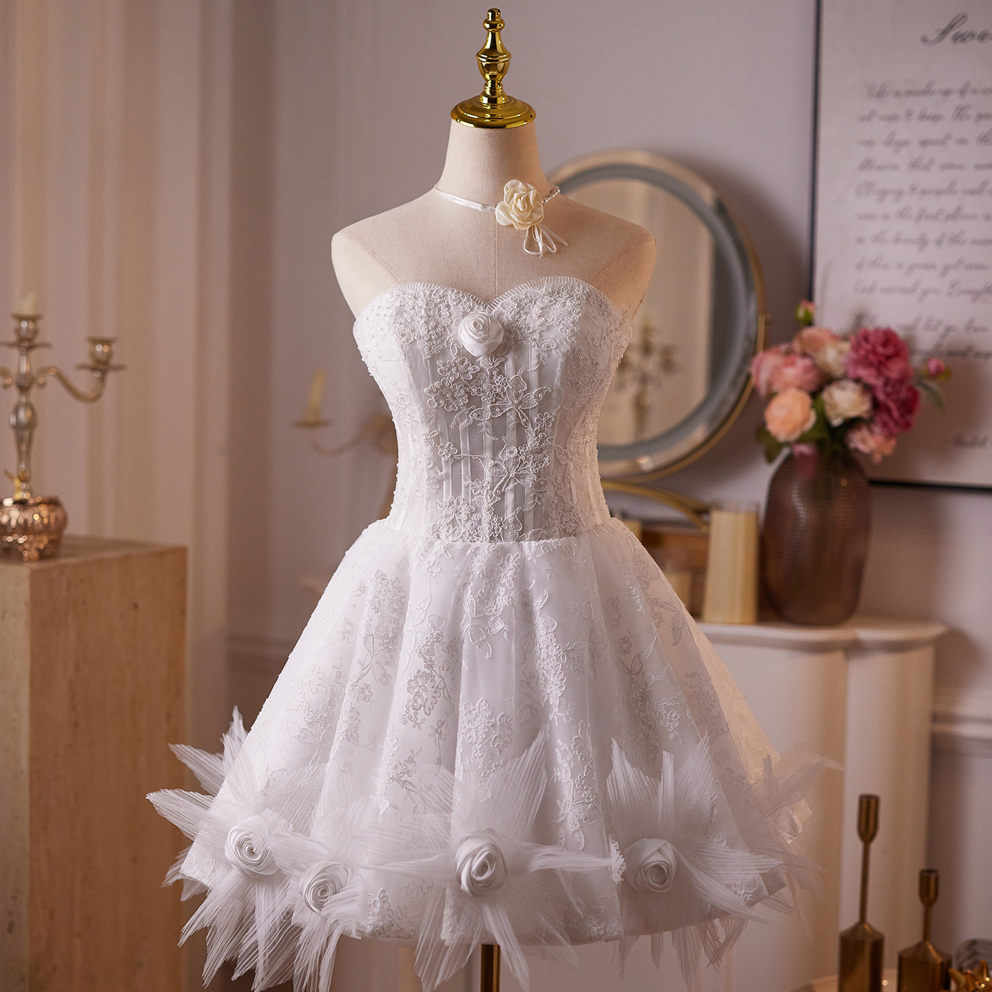 白 レース ショート丈 可愛い 綺麗 プリンセス パーティードレス 二次会 ウェディングドレス お呼ばれ LJ-691