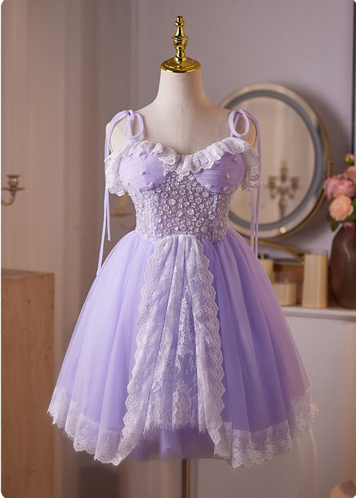 紫 レース ふわふわ ショート丈 可愛い プリンセス パーティードレス 二次会 ウェディングドレス LJ-690