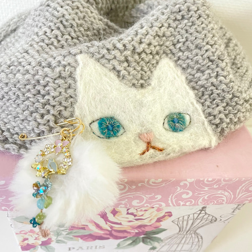 羊毛ねこターバンベレー(グレーホワイト) 羊毛ねこターバンベレー(グレーホワイト) ベレー帽・ハンチング