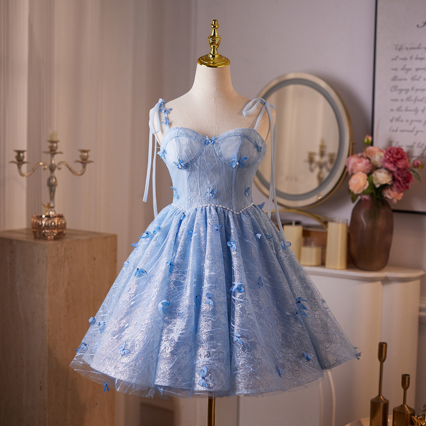 青 ちょう ショート丈 可愛い 綺麗 プリンセス パーティードレス 二次会 ウェディングドレス お呼ばれ LJ-688