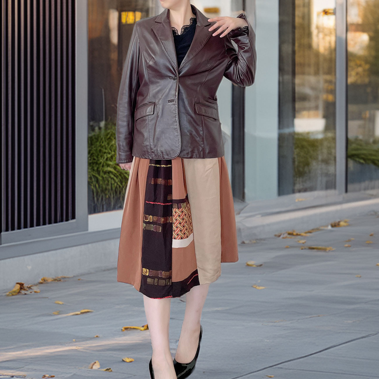 パッチワークスカート ミモレ丈 【 着物リメイク 】 秋 * ブラウン系 / 一点物 * シルク