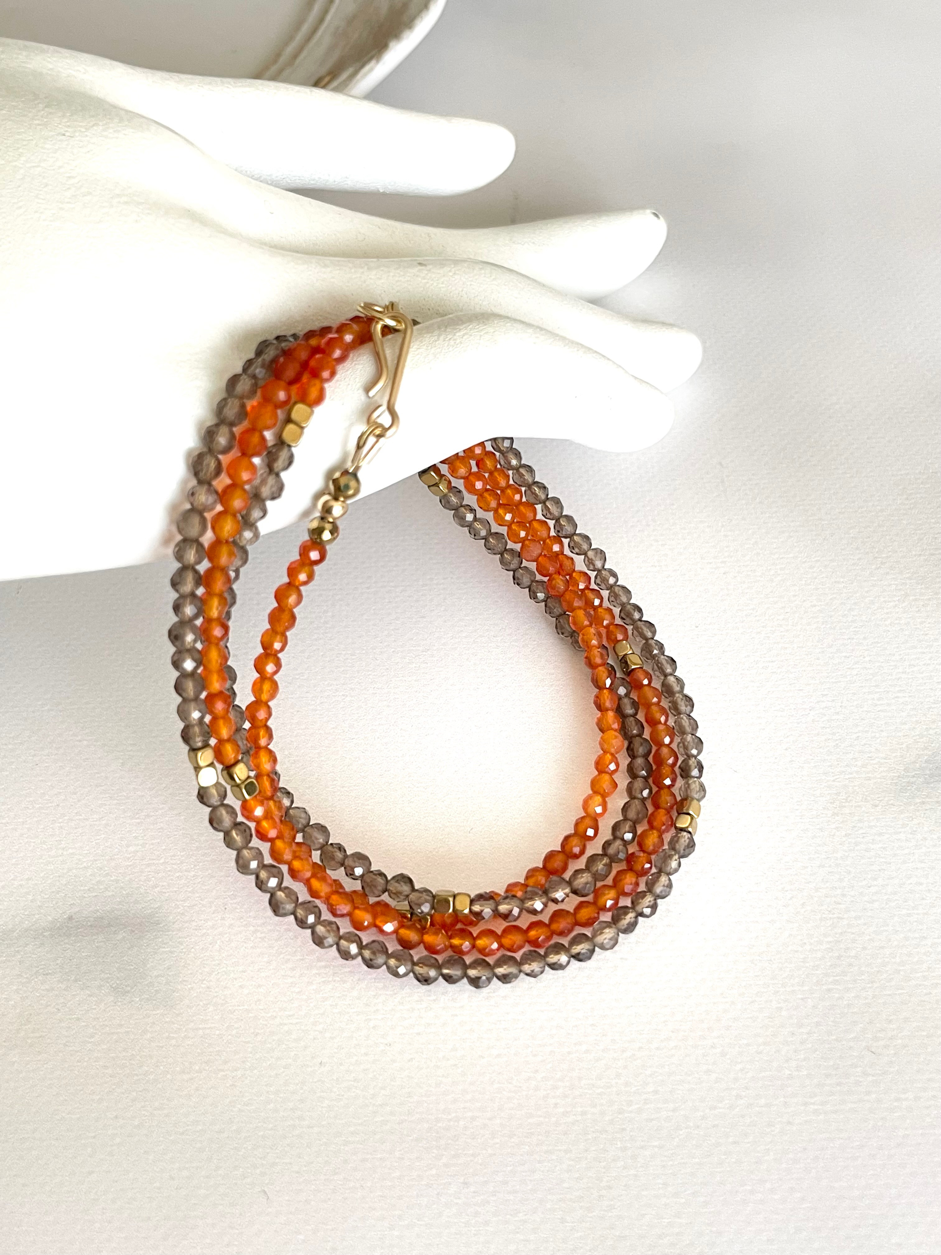 小さな天然石 スモーキークォーツ× カーネリアン ロングネックレス 14kgf 2way 秋色　送料無料