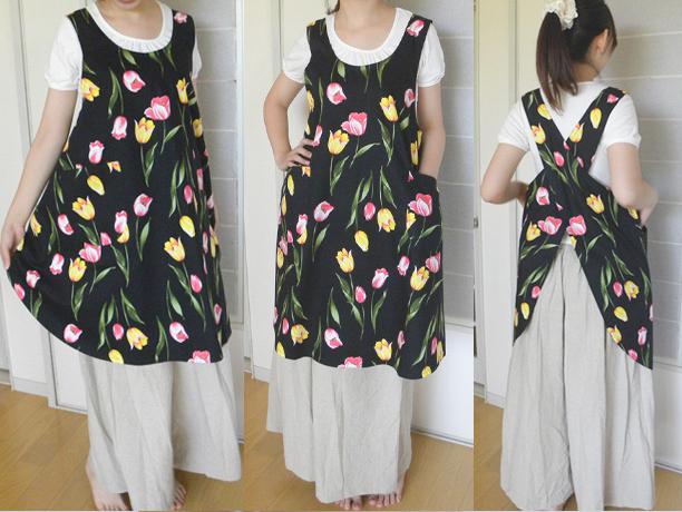 シンプル優等生のバッククロスエプロン・とんとんトン♪ぶたさん一緒で家事楽し[ブラック][エクリュ]