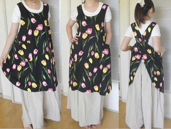 シンプル優等生のバッククロスエプロン・とんとんトン♪ぶたさん一緒で家事楽し[ブラック][エクリュ] 11枚目の画像