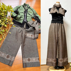 大島紬＊幾何学花紋ワイドパンツ＋ストール＊裏地付き＊着物リメイク