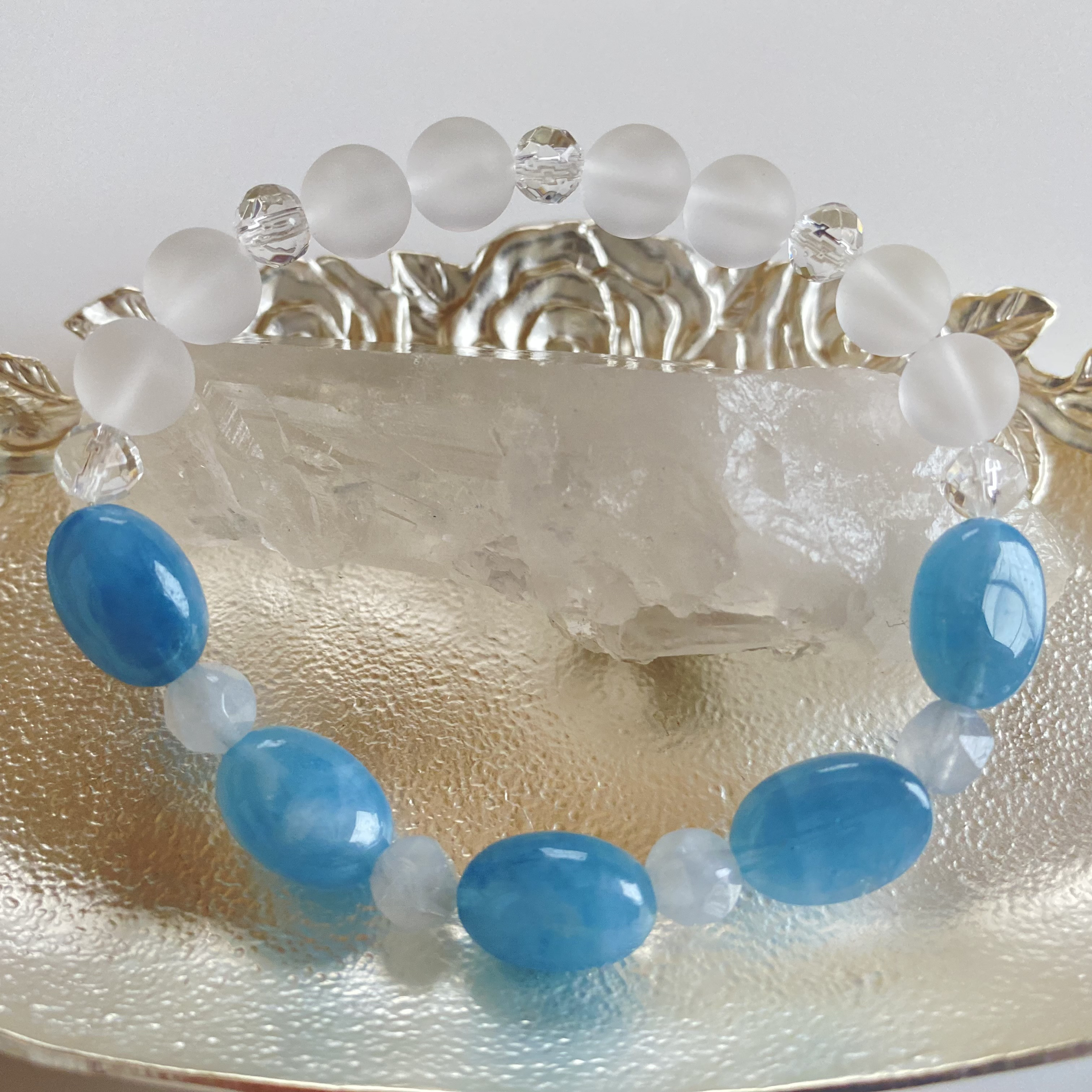 ブレスレット　アクアマリン　フロスト水晶　ダイヤカット水晶