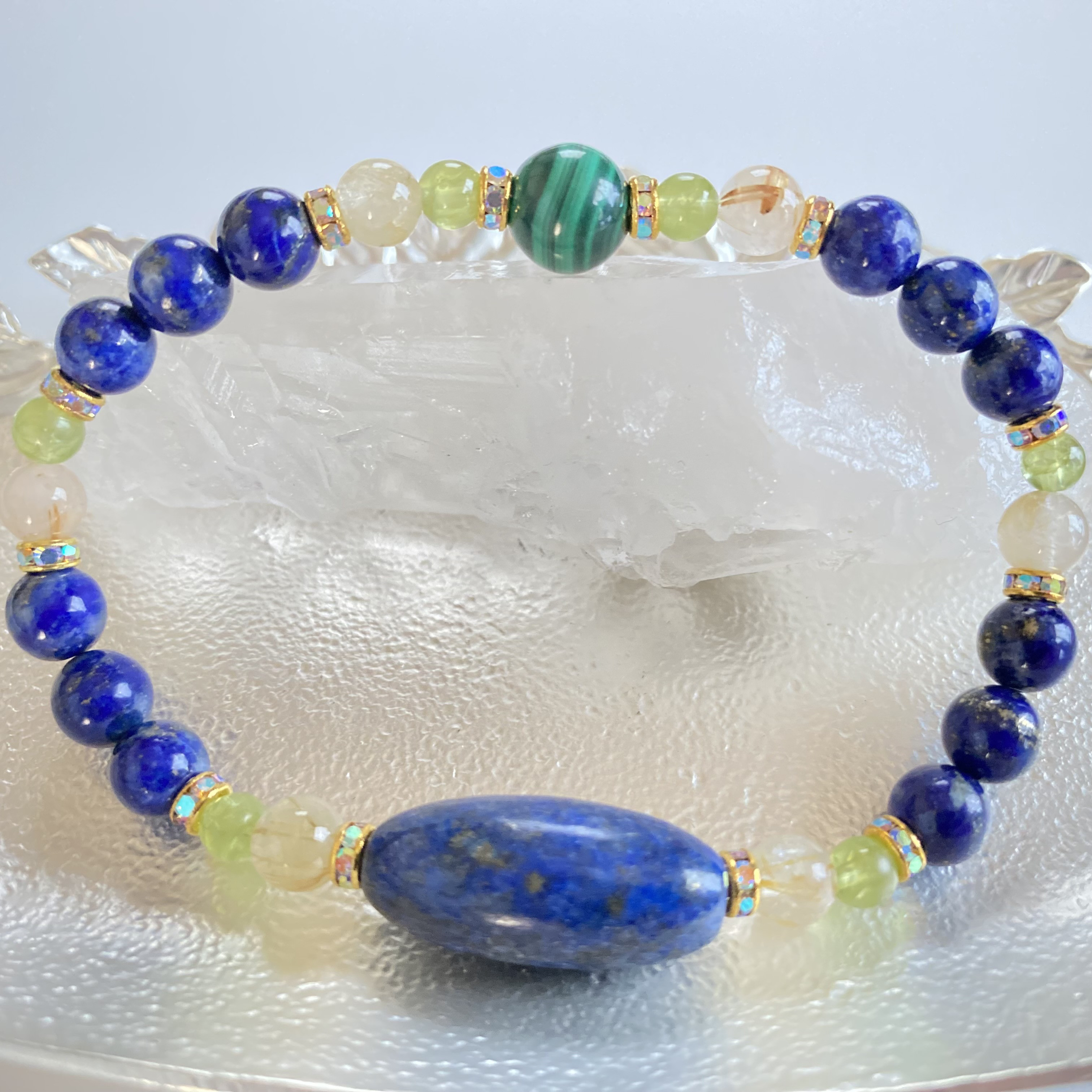 ブレスレット　ラピスラズリ　マラカイト　ペリドット　ゴールドルチルクォーツ