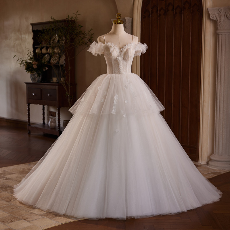 白 ふわふわ オフショルダー ロング プリンセス パーティードレス 二次会 ウェディングドレス お呼ばれ LJ-644