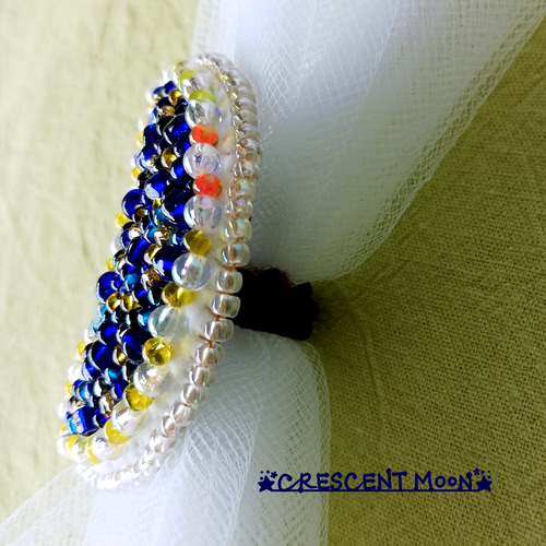＊月型ビーズ刺繍ヘアゴム ＊ ビーズ刺繍ヘアゴム【No.01】月／お月様／三日月【定形外郵便にて送料