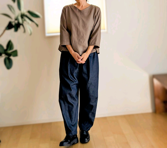 ✜リネン✜モカ✜浅Ｖネックブラウス✜ 3枚目の画像