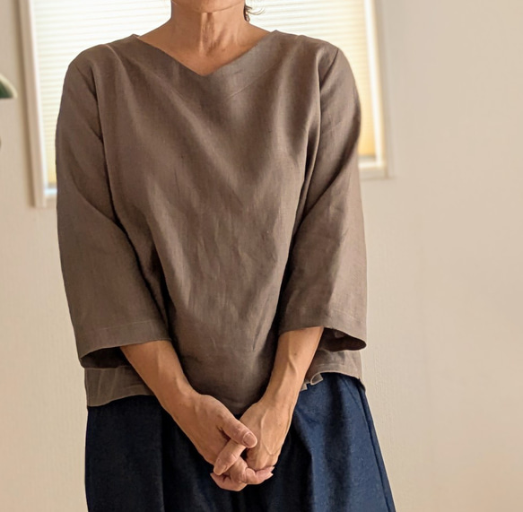 ✜リネン✜モカ✜浅Ｖネックブラウス✜ 6枚目の画像