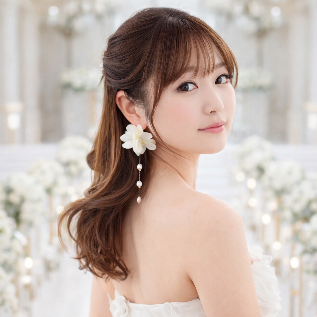 ブライダル　ウエディング　結婚式　ピアス　前撮り　大ぶり　フォトウエディング　造花　ホワイト　淡水パール　成人式