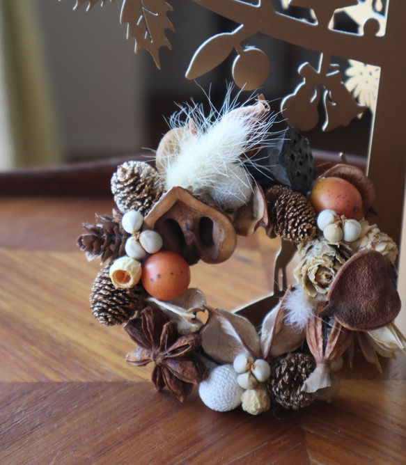 実りをつなぐ秋のミニリース｜クルミ・松ぼっくり・ナンキンハゼ