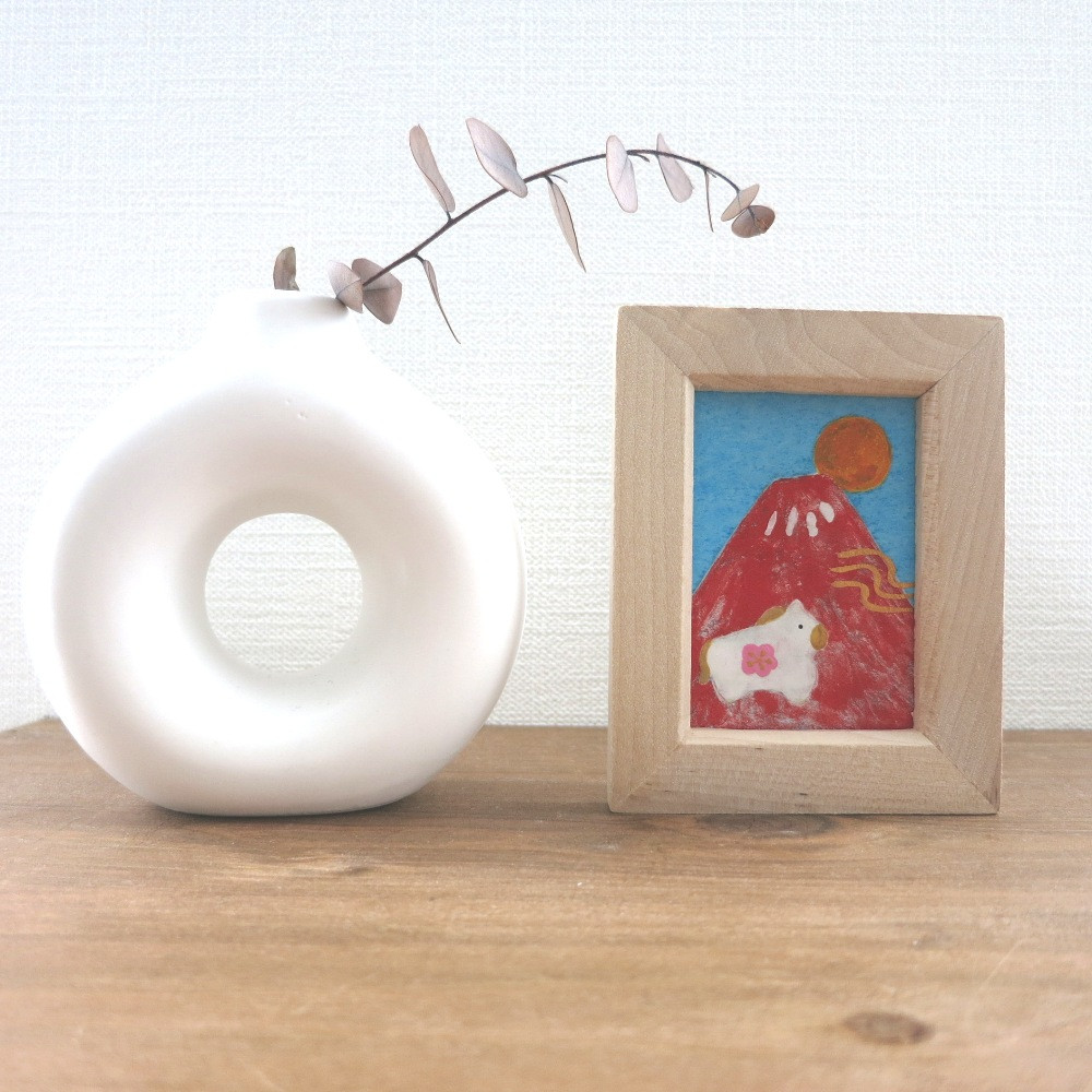 【日本画原画】赤富士と初日の出と干支の馬 と黄金の風（長方形サイズ）　ミニアートパネル　ミニ額縁付き