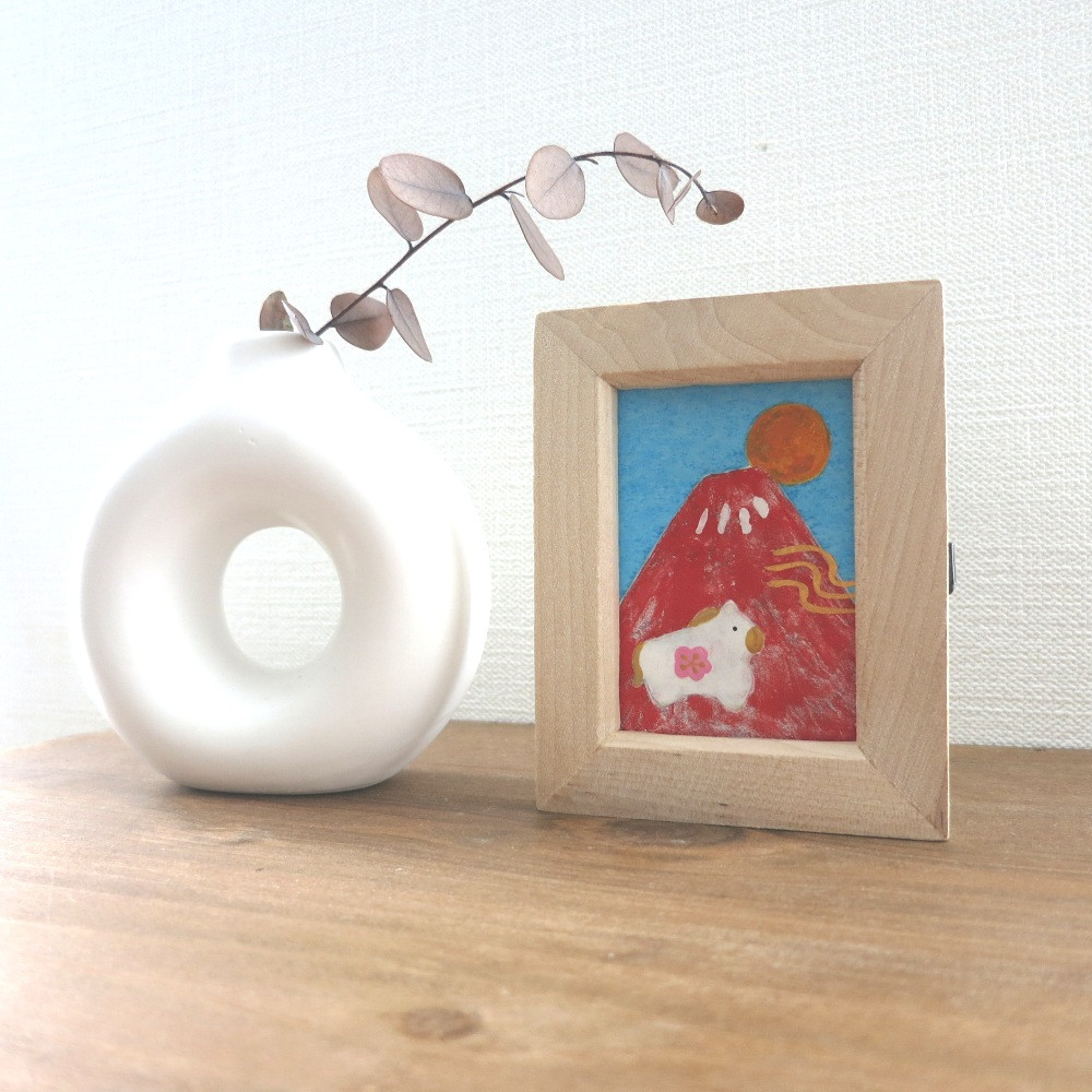 【日本画原画】赤富士と初日の出と干支の馬 と黄金の風（長方形サイズ）　ミニアートパネル　ミニ額縁付き