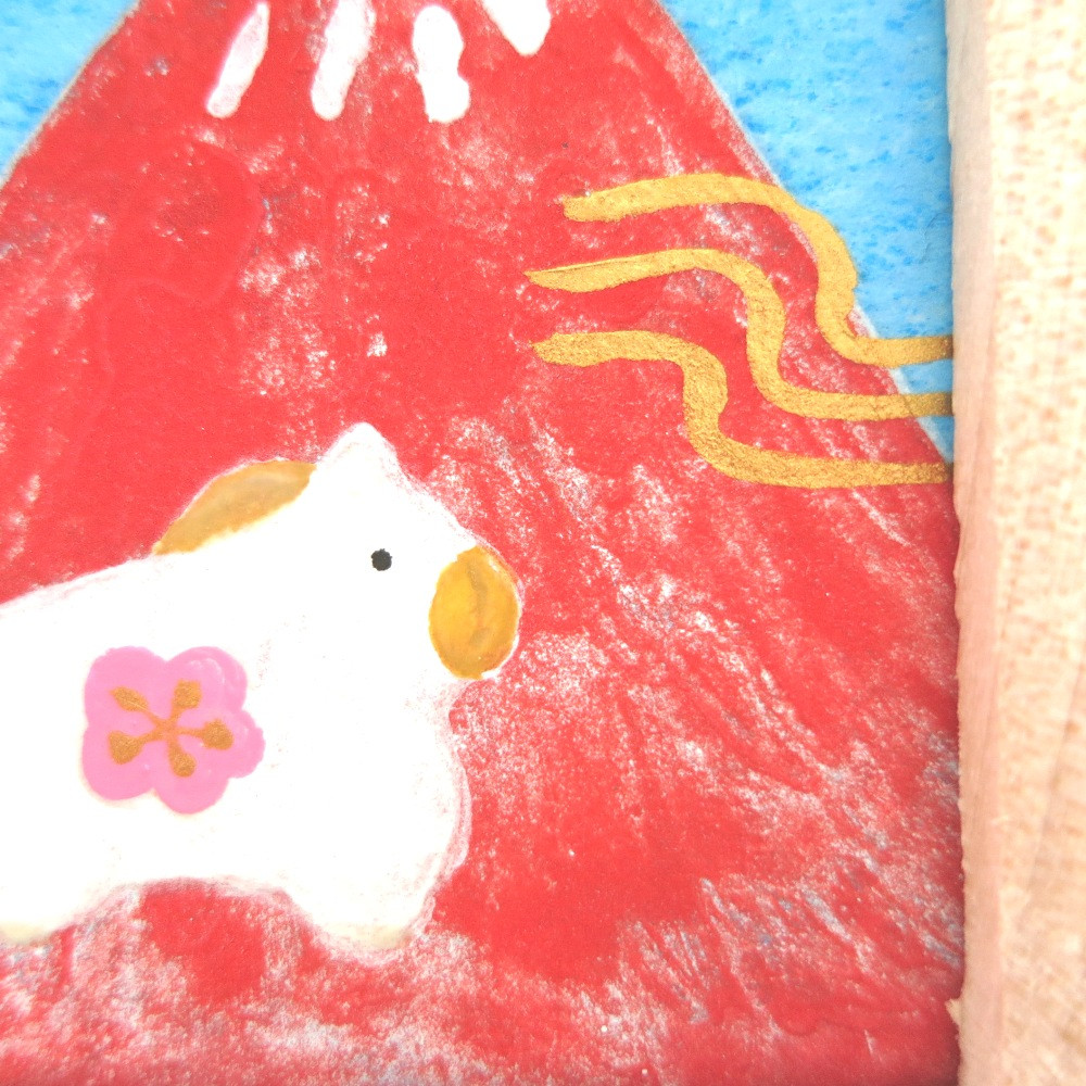 【日本画原画】赤富士と初日の出と干支の馬 と黄金の風（長方形サイズ）　ミニアートパネル　ミニ額縁付き