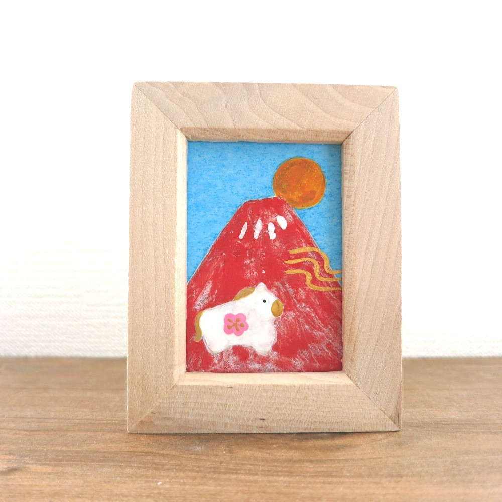 【日本画原画】赤富士と初日の出と干支の馬 と黄金の風（長方形サイズ）　ミニアートパネル　ミニ額縁付き