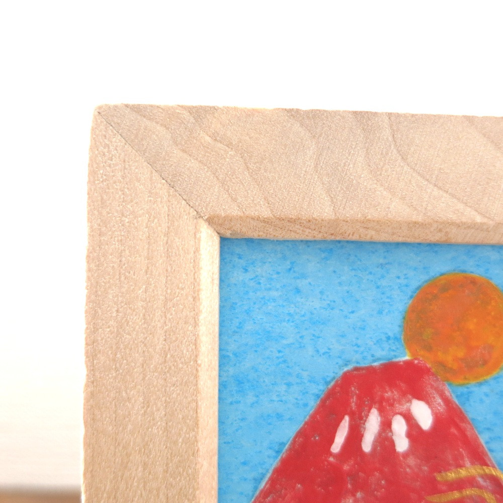 【日本画原画】赤富士と初日の出と干支の馬 と黄金の風（長方形サイズ）　ミニアートパネル　ミニ額縁付き