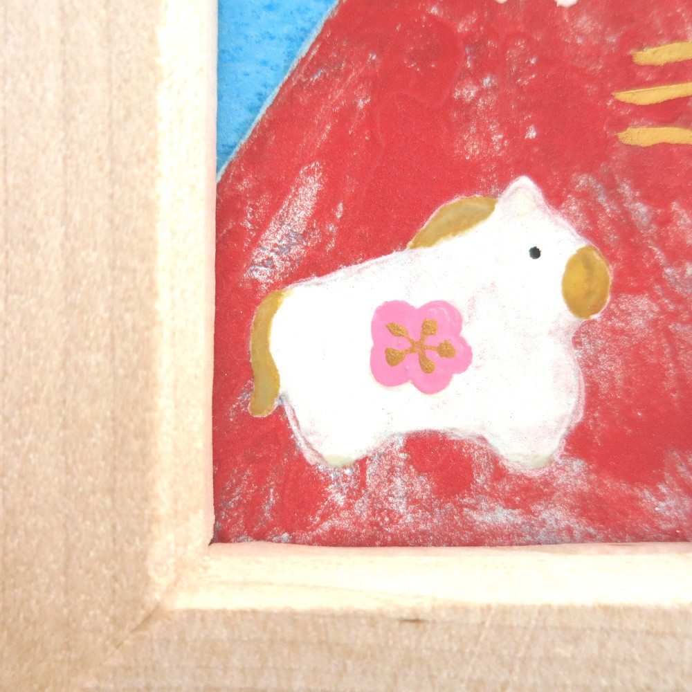 【日本画原画】赤富士と初日の出と干支の馬 と黄金の風（長方形サイズ）　ミニアートパネル　ミニ額縁付き