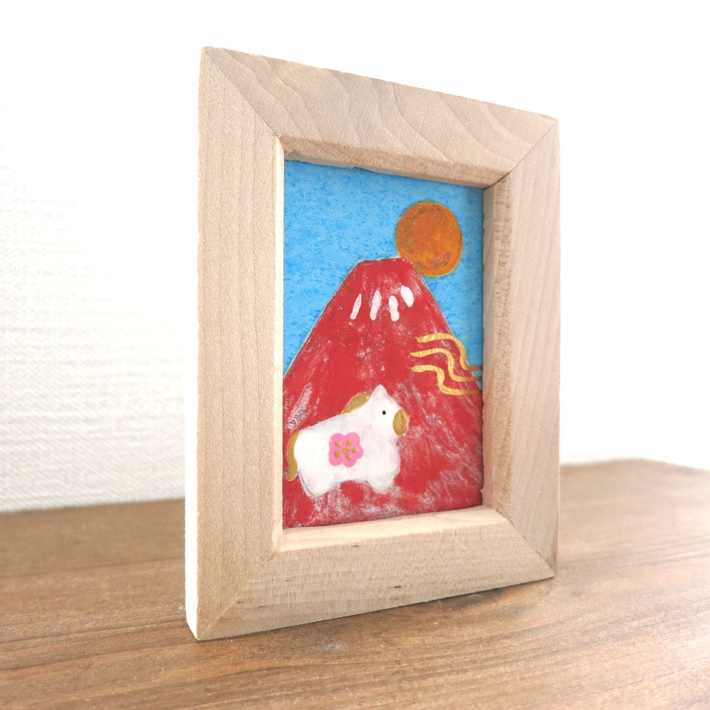 【日本画原画】赤富士と初日の出と干支の馬 と黄金の風（長方形サイズ）　ミニアートパネル　ミニ額縁付き