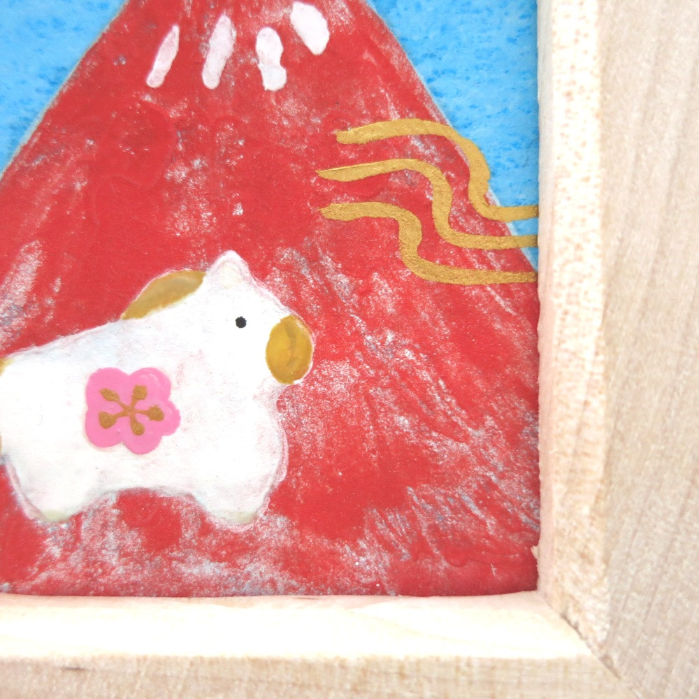 【日本画原画】赤富士と初日の出と干支の馬 と黄金の風（長方形サイズ）　ミニアートパネル　ミニ額縁付き