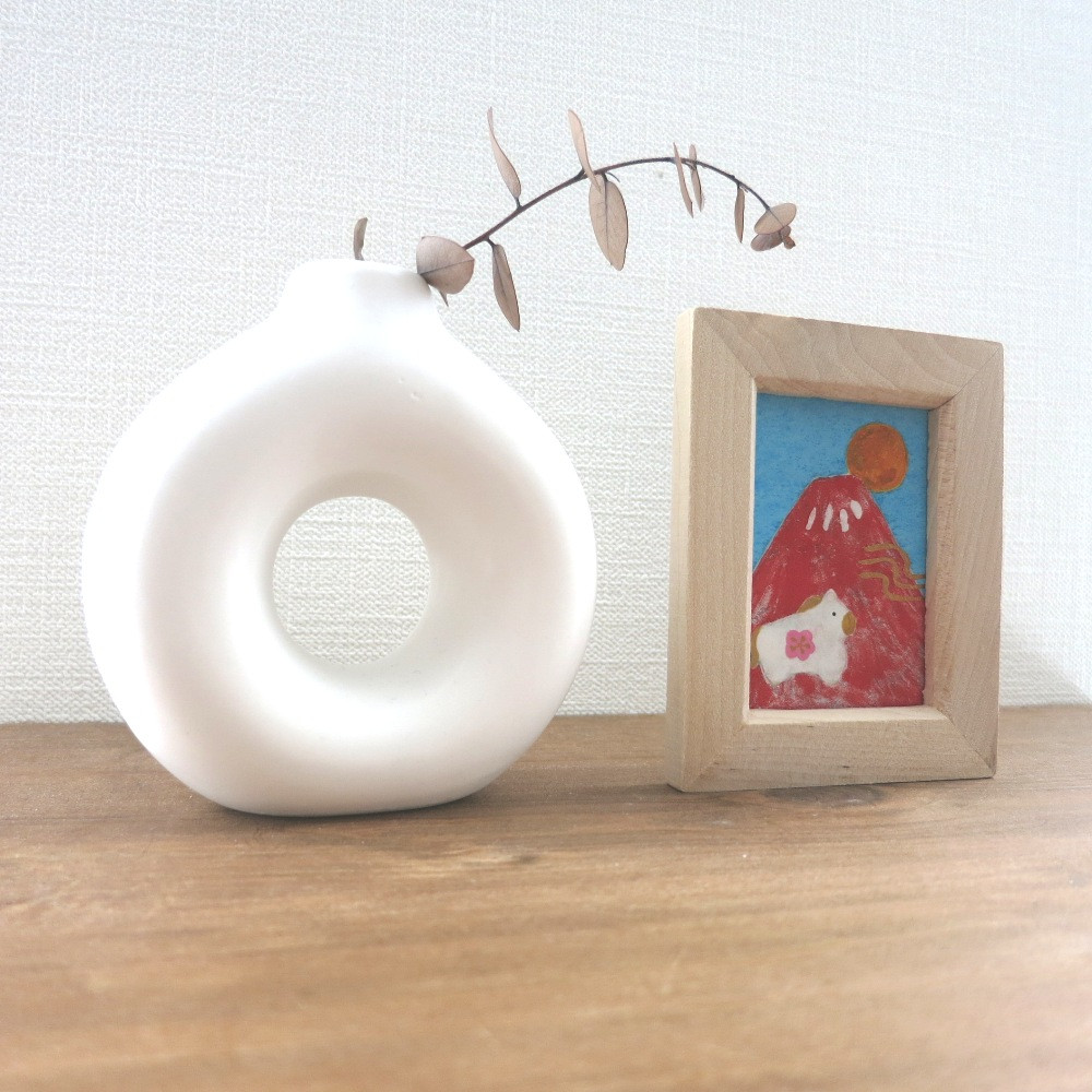 【日本画原画】赤富士と初日の出と干支の馬 と黄金の風（長方形サイズ）　ミニアートパネル　ミニ額縁付き