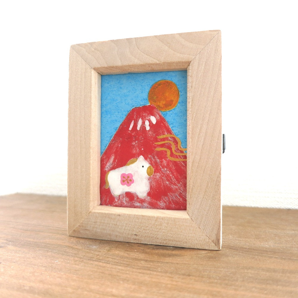 【日本画原画】赤富士と初日の出と干支の馬 と黄金の風（長方形サイズ）　ミニアートパネル　ミニ額縁付き