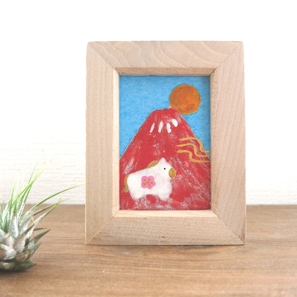 【日本画原画】赤富士と初日の出と干支の馬 と黄金の風（長方形サイズ）　ミニアートパネル　ミニ額縁付き