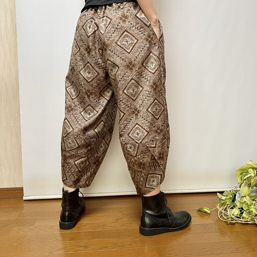 着物リメイク　サルエルパンツ　セットアップ 泥大島菱柄＊サルエルパンツ＋ストール＊裏地付き＊着物リメイク