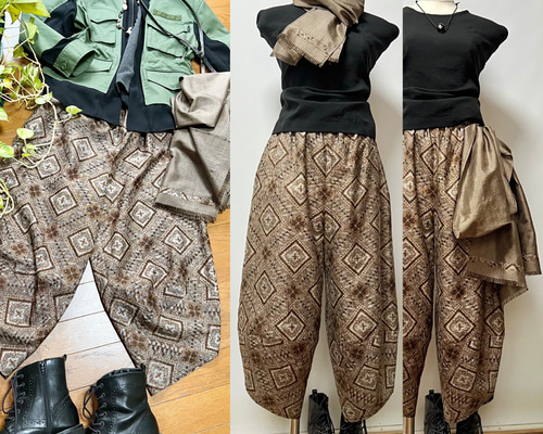 泥大島菱柄＊サルエルパンツ＋ストール＊裏地付き＊着物リメイク