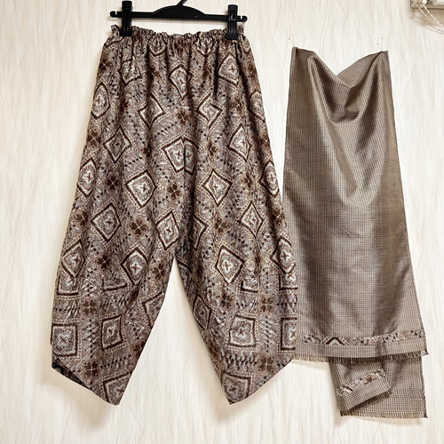 泥大島菱柄＊サルエルパンツ＋ストール＊裏地付き＊着物リメイク