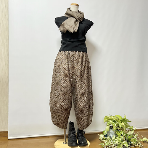 泥大島菱柄＊サルエルパンツ＋ストール＊裏地付き＊着物リメイク