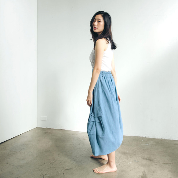棉麻圓裙 - 丹寧 第4張的照片