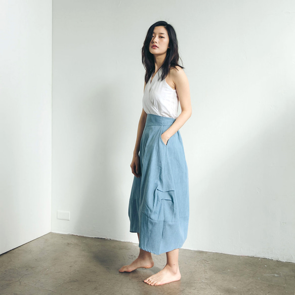 棉麻圓裙 - 丹寧 第3張的照片