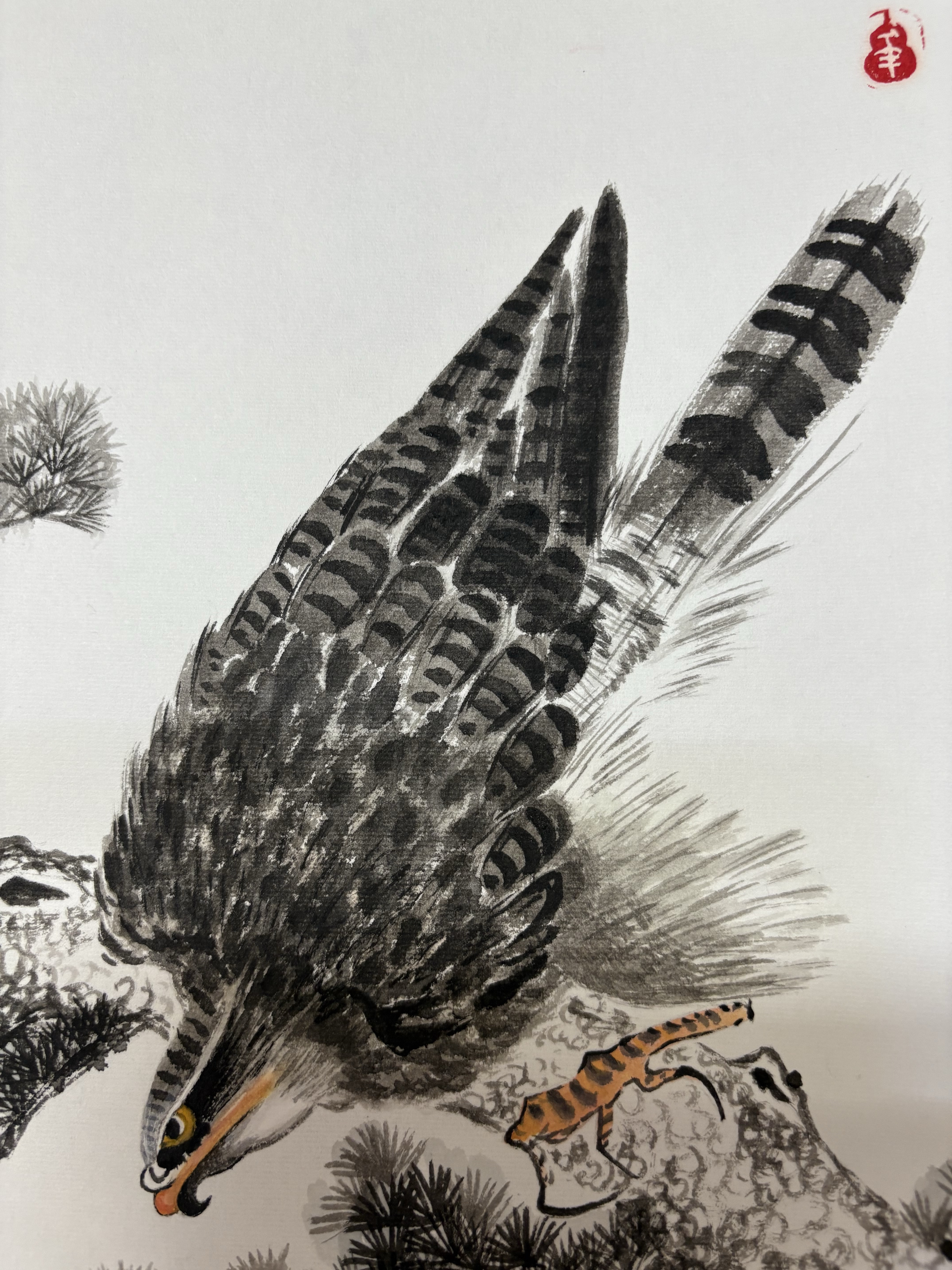 鷹の水墨画 松季　掛け軸 鷹 カラス 松の木 掛け軸 水墨画 絵画 こたつ 通販 19934514｜Creema