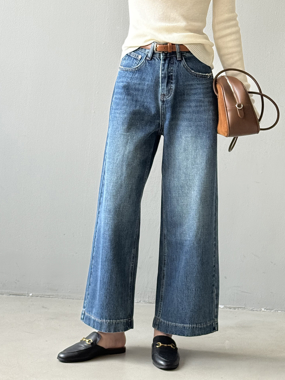 秋新作レディースハイウエストストレートデニムワイドパンツ ベルト付き【返品・交換可】品質最優先25-393