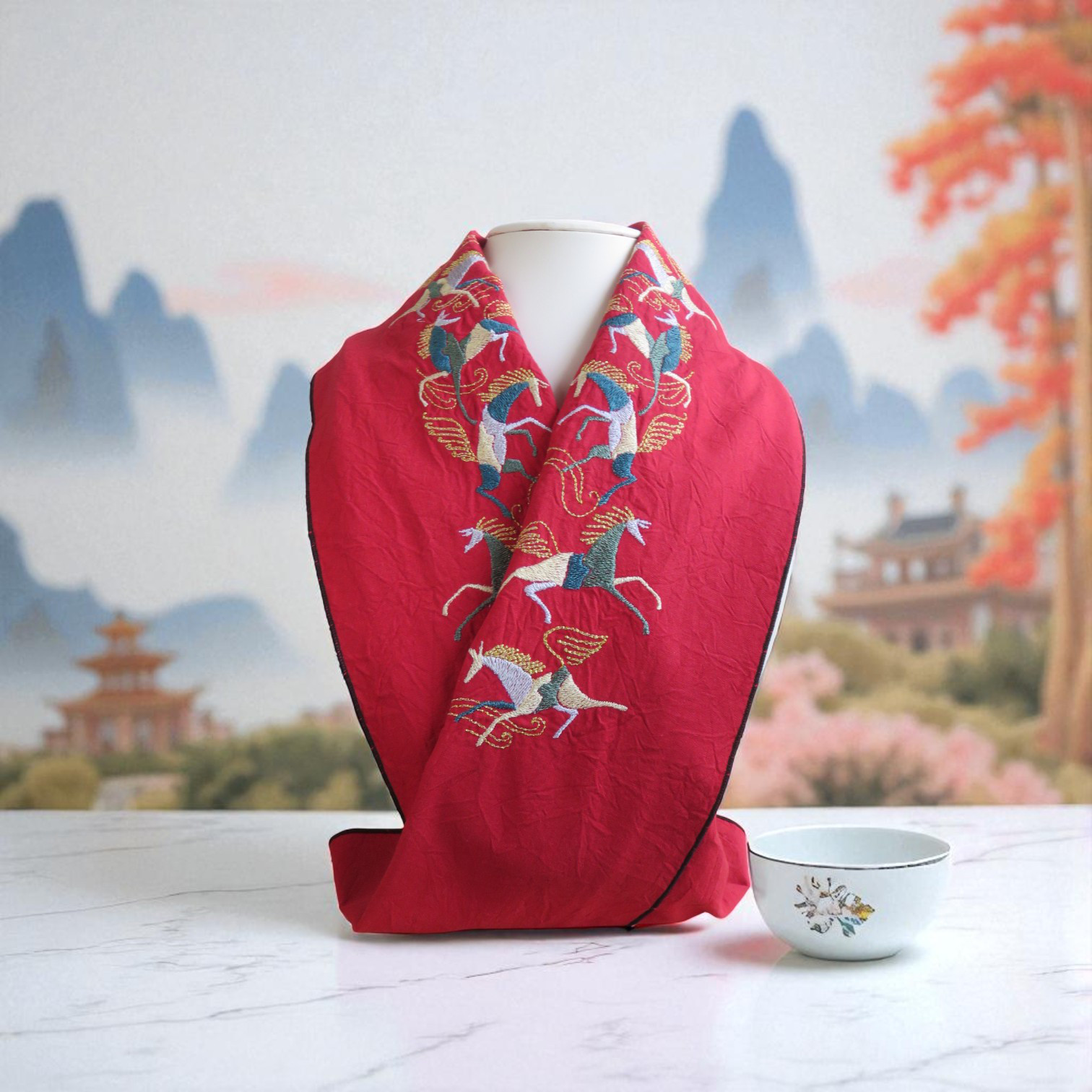 刺繍半衿・時の馬レッド