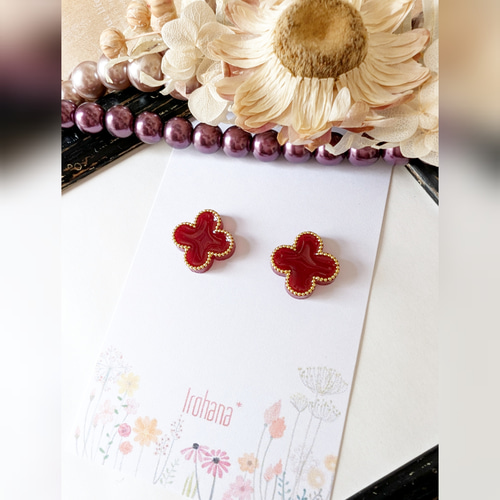 シャネル　ピアス　片耳　クローバー　ツヤツヤ♡美しい赤 人気☆』四葉 クローバー ピアス イヤリング レッド ピアス（スタッド