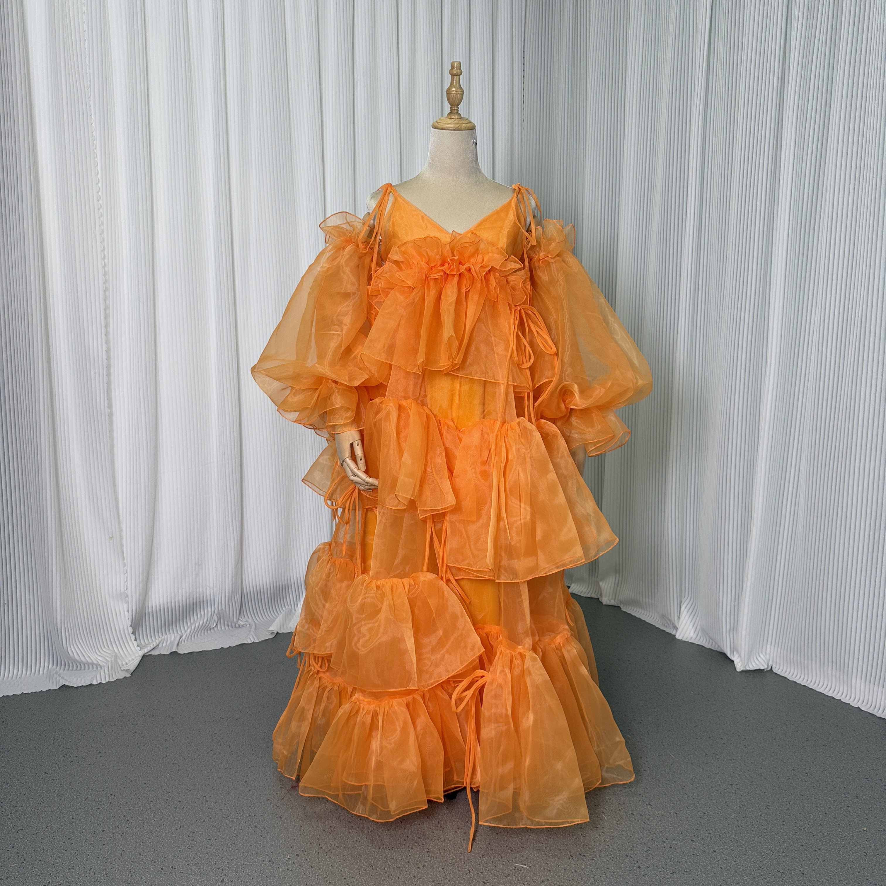 送料無料！パーティードレス オレンジ キャミソール リボン バルーンスリーブ 上質オーガンジー ツーピース 前撮り